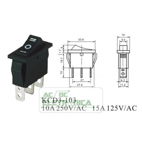 Chave gangorra KDC3-103 15A 250V~ on/off/on 3T preta